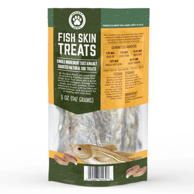 A 5 oz bag of Hungry Paws Premium Cod Skin Sticks Dog Chew Treats for dogs. The front displays the brand, product name, fish images, ingredient info, feeding details, and a window showing the single-ingredient chews inside.