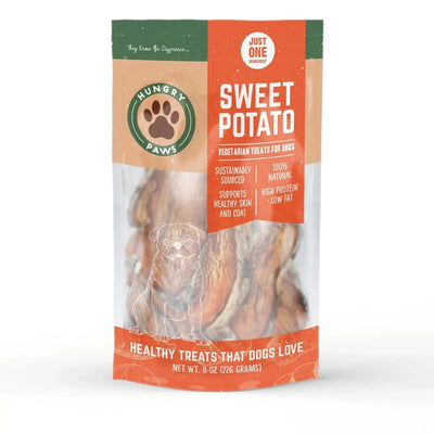 A bag of Hungry Paws Sweet Potato Dog Chew Treats by Hungry Paws, made with 100% natural, sustainably sourced ingredients for healthy skin and coat, featuring a cheerful dog illustration on the front.