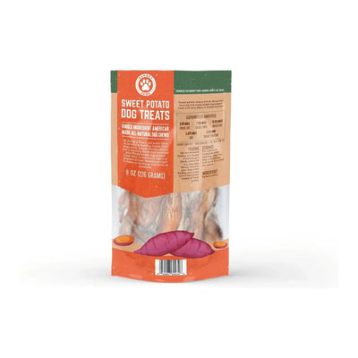 A partially transparent bag of Hungry Paws Sweet Potato Dog Chew Treats features an orange label with text and a sweet potato illustration, showing the vegetarian treats inside.