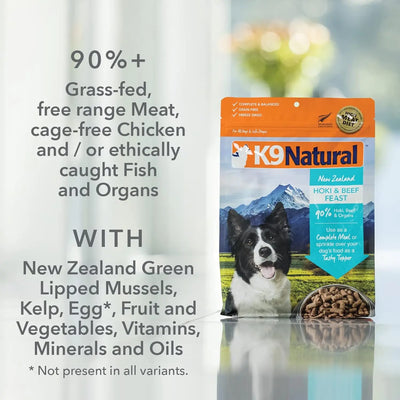 A bag of K9 Natural Beef Feast Raw Grain-Free Freeze-Dried Dog Food is on a table, showcasing its grain-free recipe with over 90% grass-fed beef, New Zealand green-lipped mussels, kelp, fruits, and essential vitamins.