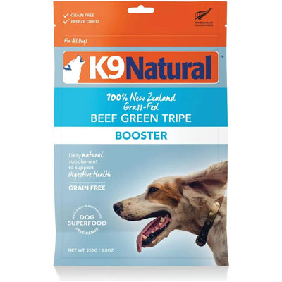 K9 Natural Beef Green Tripe Booster Digestive Supplement for Dogs is a freeze-dried, grain-free product featuring 100% New Zealand grass-fed beef green tripe. Net weight: 250g (8.8oz). Shows a happy dog on the front.