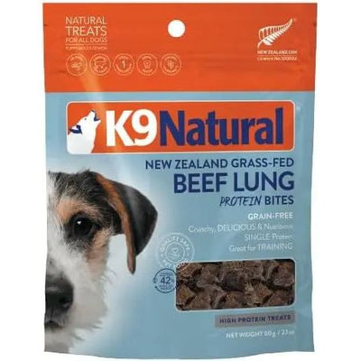 K9 Natural Beef Lung Protein Bites Air-Dried Dog Treats 2.1oz are made from grass-fed New Zealand beef. The grain-free, high-protein bag features a dogs face and 60g net weight. Brand: K9 Natural.