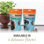 Two bags of K9 Natural Protein Bites—Lamb Lung and Beef Lung Protein Bites Air-Dried Dog Treats 2.1oz by K9 Natural—are on a counter next to a potted plant. Text below reads: Available in 2 delicious flavors.