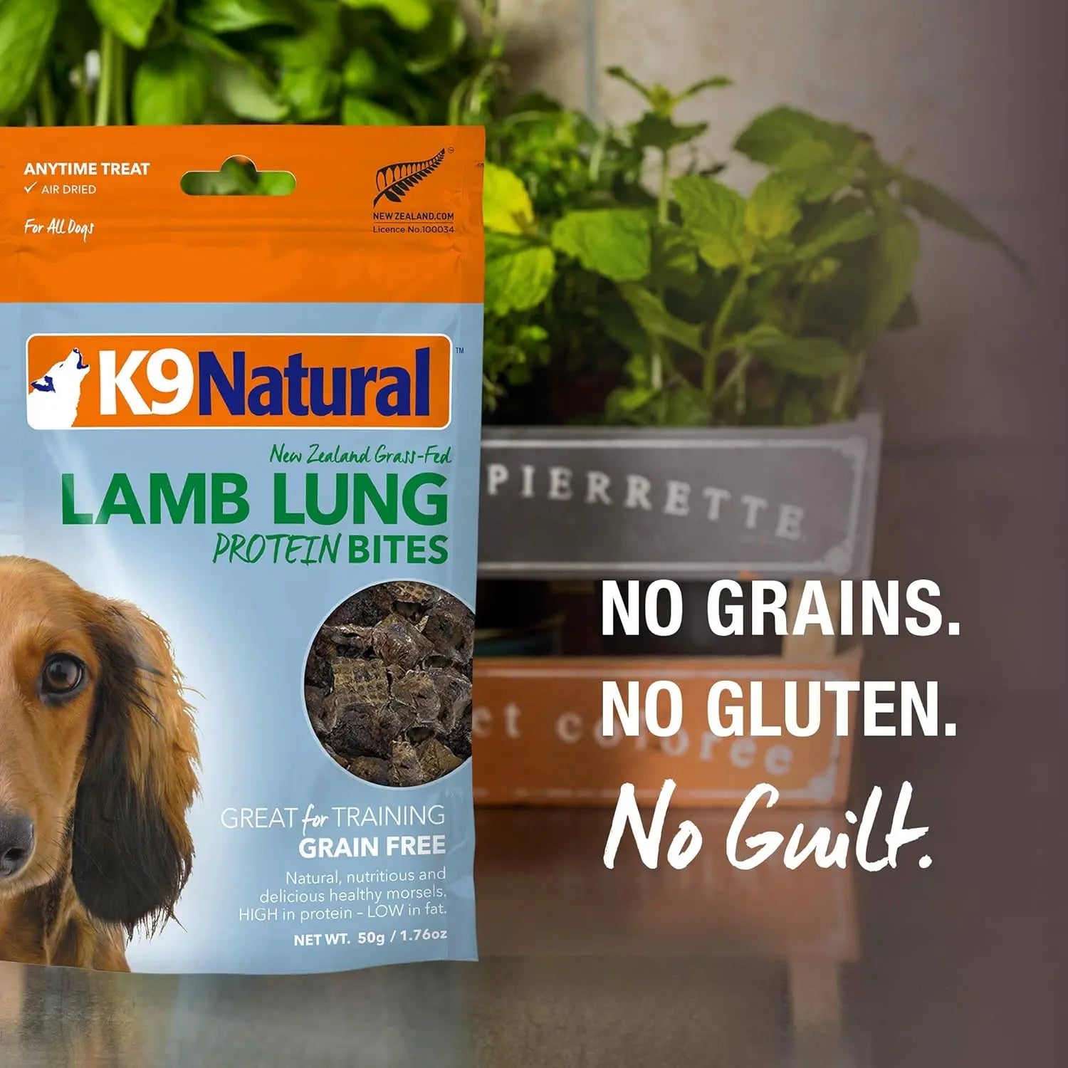 K9 Natural Beef Lung Protein Bites Air-Dried Dog Treats (2.1oz) are shown beside potted plants, with “No Grains. No Gluten. No Guilt.” highlighting these grain-free treats made from grass-fed New Zealand beef by K9 Natural.