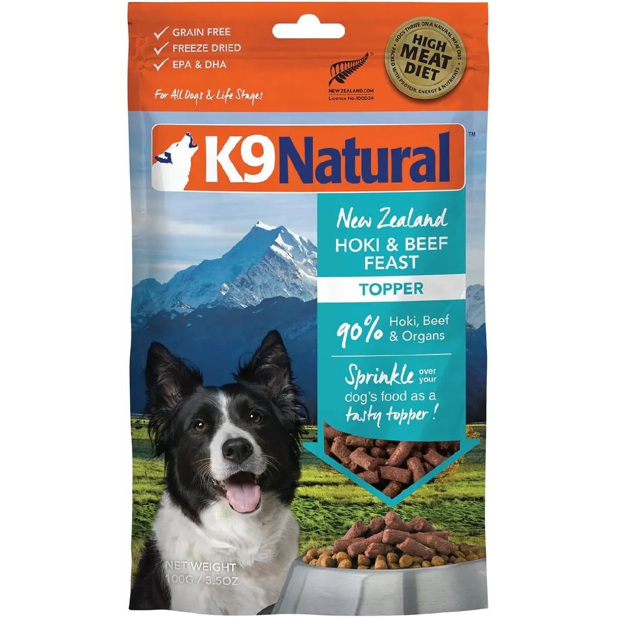 A bag of K9 Natural Hoki & Beef Grain-Free Freeze-Dried Dog Food, featuring a black and white dog before mountains, with food pieces and text showcasing its grain-free recipe and sustainably sourced ingredients.