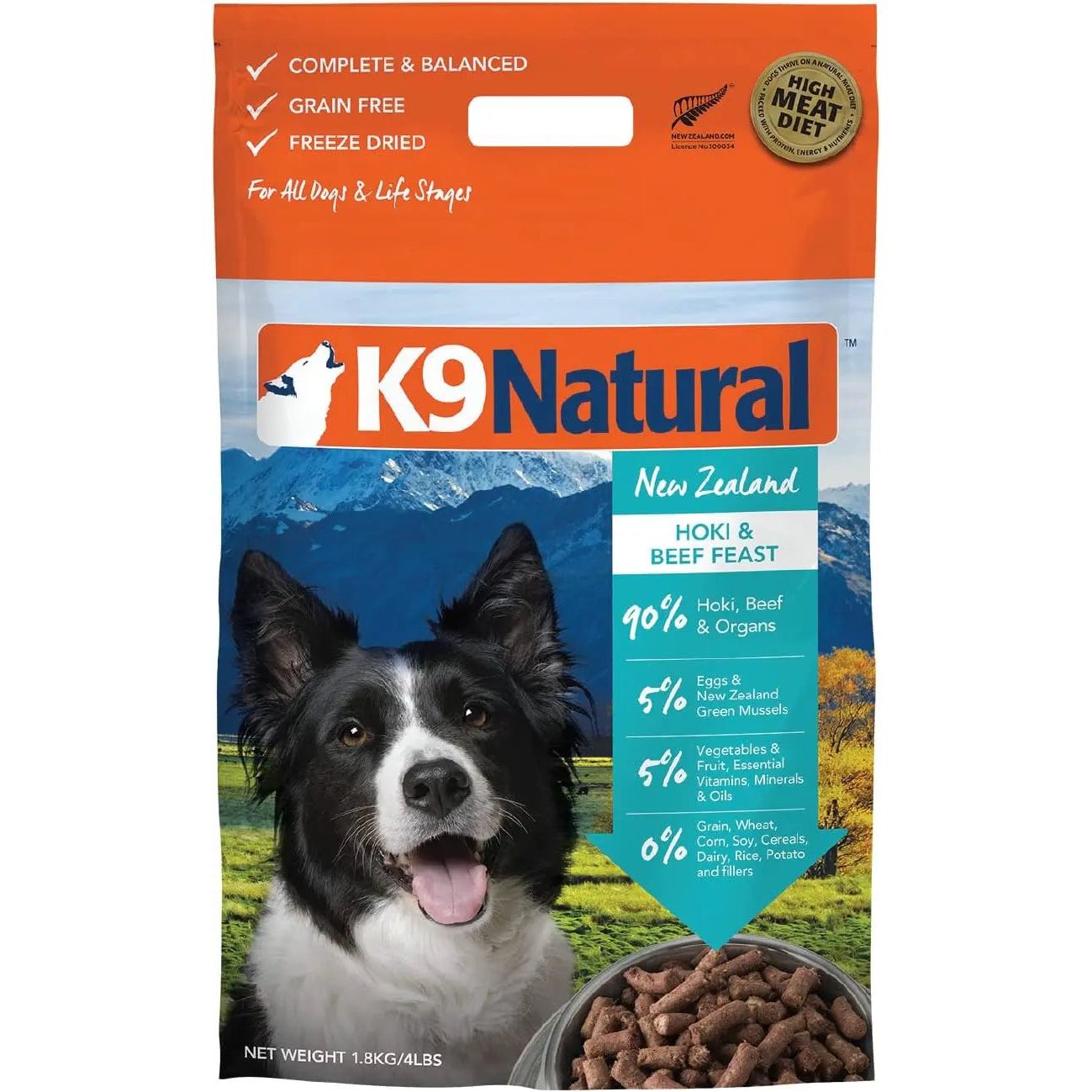 A bag of K9 Natural Hoki & Beef Grain-Free Freeze-Dried Dog Food by K9 Natural features a black and white dog, product details, images of food pieces, and highlights its high meat diet with hoki, beef, and organs.