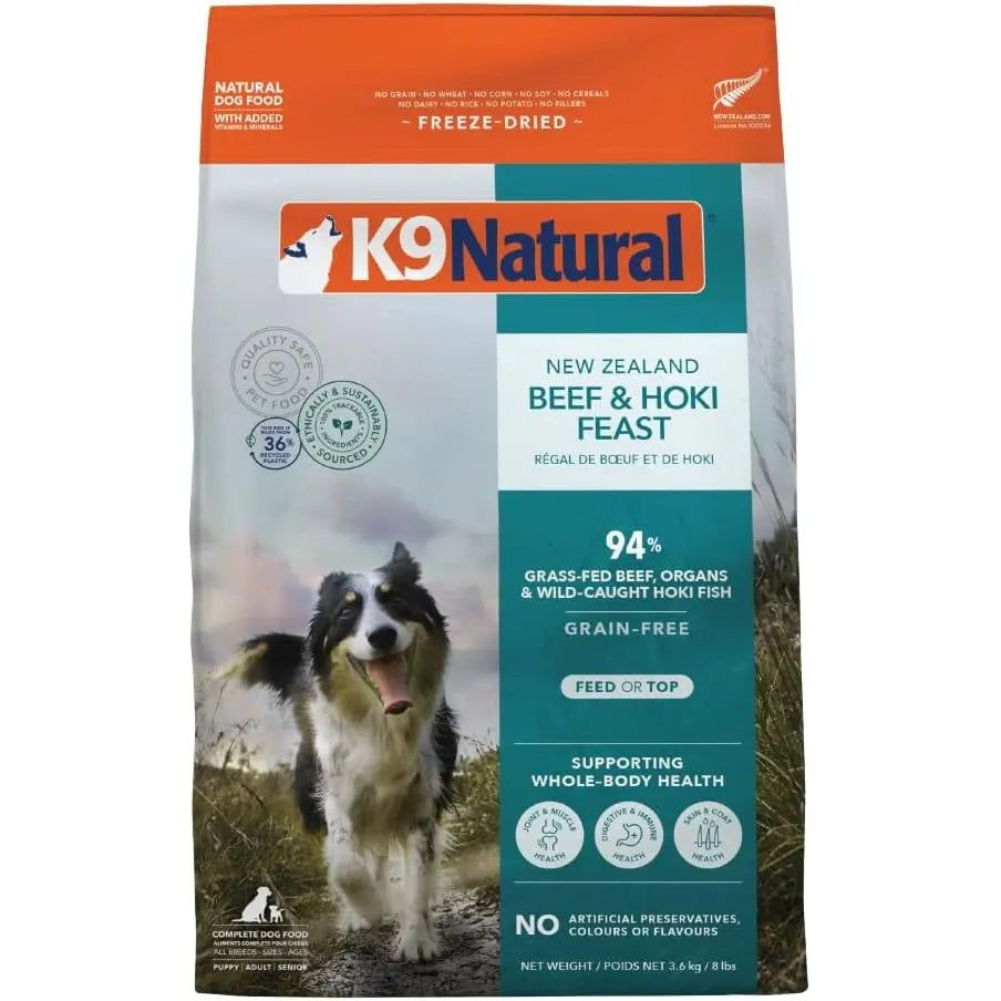 A bag of K9 Natural Hoki & Beef Grain-Free Freeze-Dried Dog Food features a border collie, health benefits, and product details on a teal and orange background.