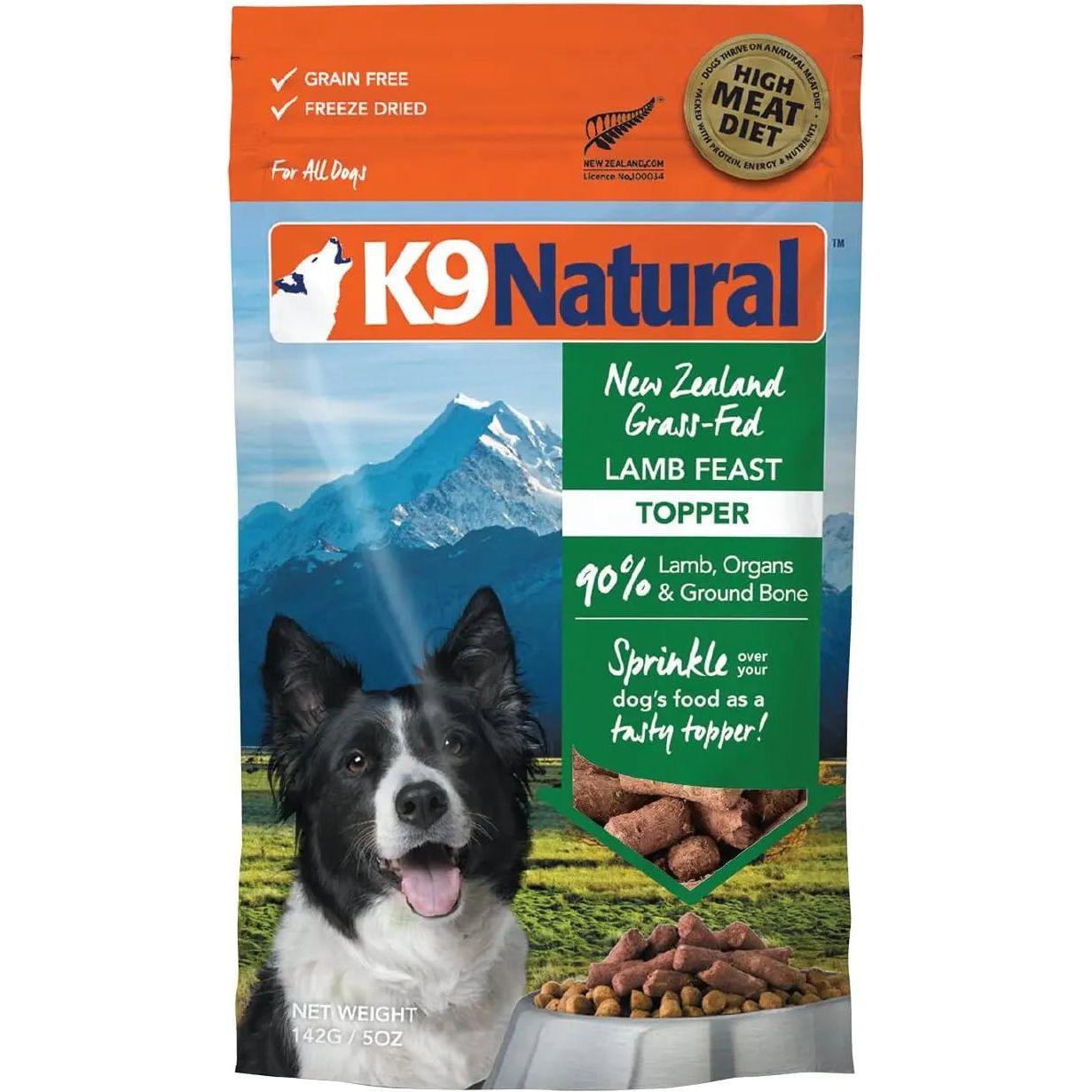K9 Natural Lamb Feast Freeze-Dried Dog Food Topper 5oz features a black and white dog with green fields and blue sky. Made with grass-fed lamb, it contains 90% lamb, organs & ground bone—nutrient-rich, grain free.