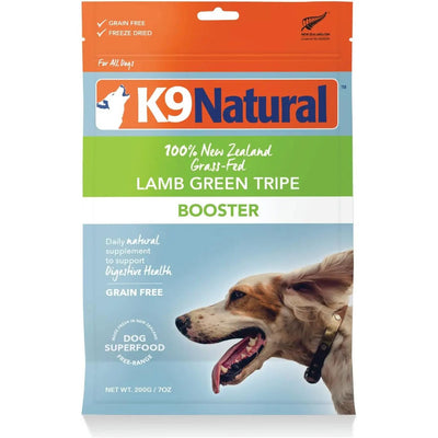 A bag of K9 Natural Lamb Green Tripe Booster Digestive Supplement for Dogs, a grain-free, freeze dried product made from 100% New Zealand grass-fed lamb by K9 Natural.