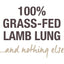 Text reads: 100% Grass-Fed New Zealand Lamb Lung—and nothing else, in bold and handwritten-style fonts on a plain background; just pure K9 Natural Lamb Lung Protein Bites Air-Dried Dog Treats 2.1oz.