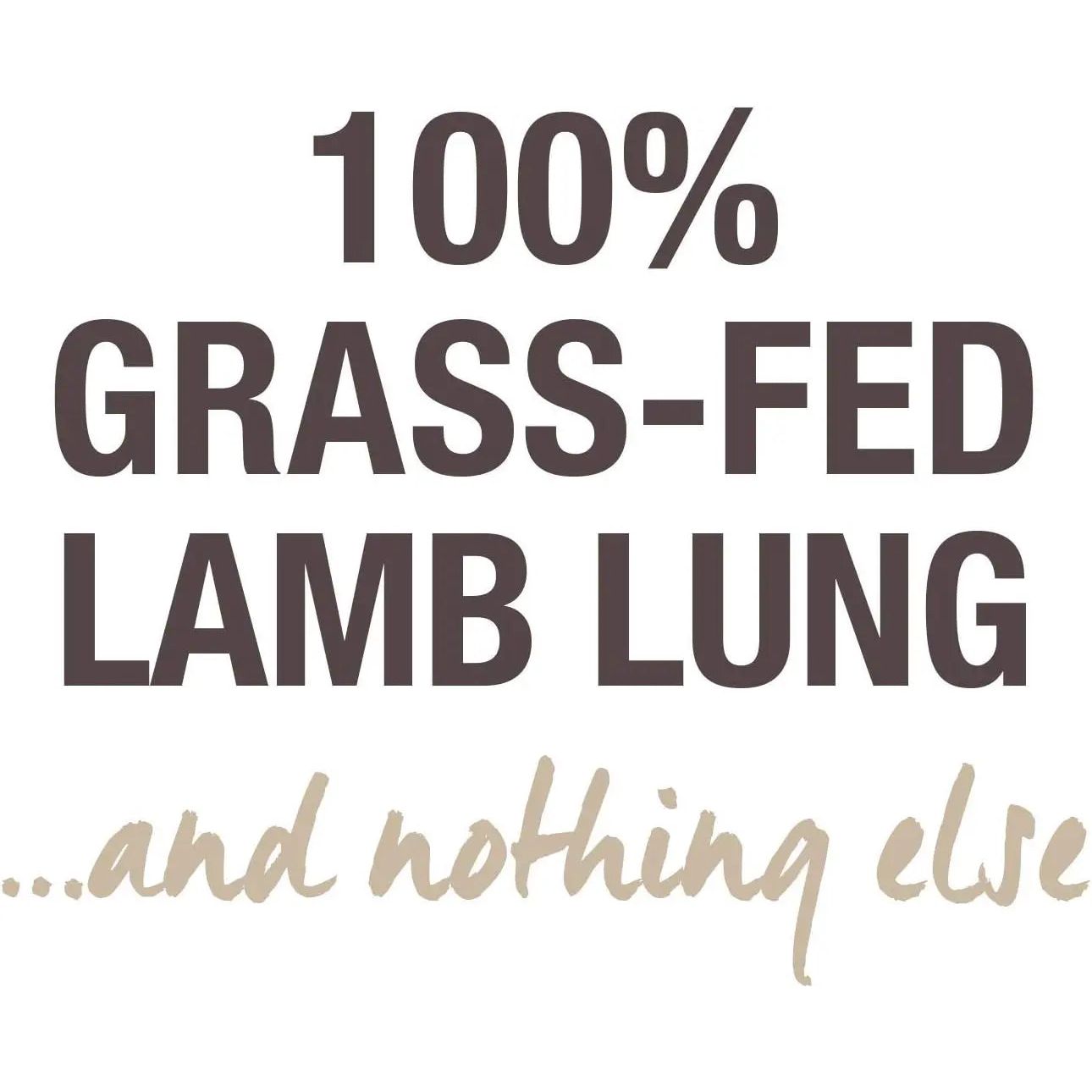 Text reads: 100% Grass-Fed New Zealand Lamb Lung—and nothing else, in bold and handwritten-style fonts on a plain background; just pure K9 Natural Lamb Lung Protein Bites Air-Dried Dog Treats 2.1oz.