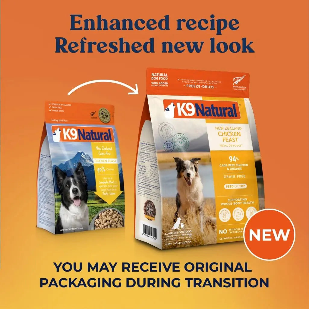 Two bags of K9 Natural New Zealand Chicken Feast Grain-Free Freeze-Dried Dog Food are side by side on an orange background, highlighting the enhanced recipe and refreshed packaging—with the updated look shown on the right.