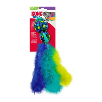 Kong Cat Wubba Fish Cat Toy Assorted, in blue, green, and yellow with a feathery tail, is shown in its packaging featuring a cat image and product details on a vibrant red and purple background.