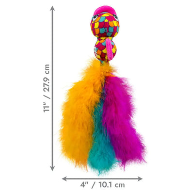 The KONG Cat Wubba Fish Cat Toy Assorted by Kong features a bird-shaped design with a patterned head and three feather tails in yellow, teal, and purple. Measures 11 tall by 4 wide; dimensions are shown with arrows and measurements.