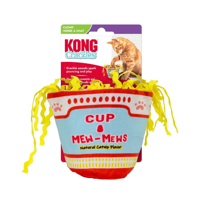 The KONG Crackles Cup of Mew-Mews Cat Toy by Kong is shaped like a cup of noodles with yellow ribbon noodles, features enticing crackle sounds and catnip, and comes in packaging depicting a playful cat.