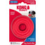 A KONG Donut Dog Toy – Durable Rubber Chew & Fetch Fun by Kong is shown in its packaging for small to medium dogs, featuring a photo of a dog with the toy and information about its durability and use for average chewers.