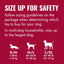 A red graphic for the KONG Donut Dog Toy (Kong) gives size guides: S/M for dogs ≤35 lb (≤16 kg), M/L for 30–65 lb (13–30 kg), L/XL for 60–90 lb (27–41 kg); size up if you have multiple dogs.