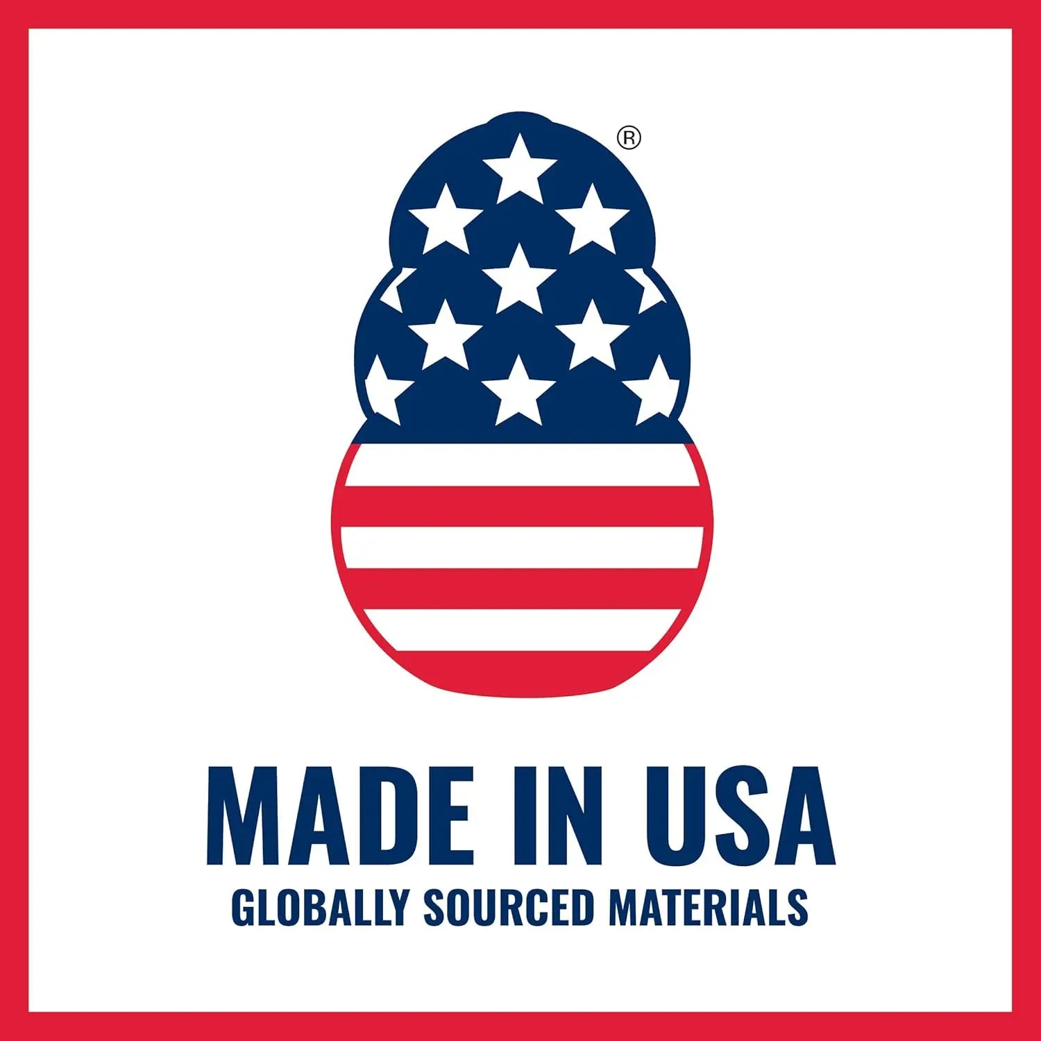 A graphic of the KONG Donut Dog Toy by Kong, decorated with stars and stripes like the US flag, with the text Made in USA and Globally Sourced Materials below.