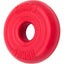 The KONG Donut Dog Toy by Kong is a durable red rubber chew and fetch toy shaped like a donut, with KONG embossed on it and a hole in the center.