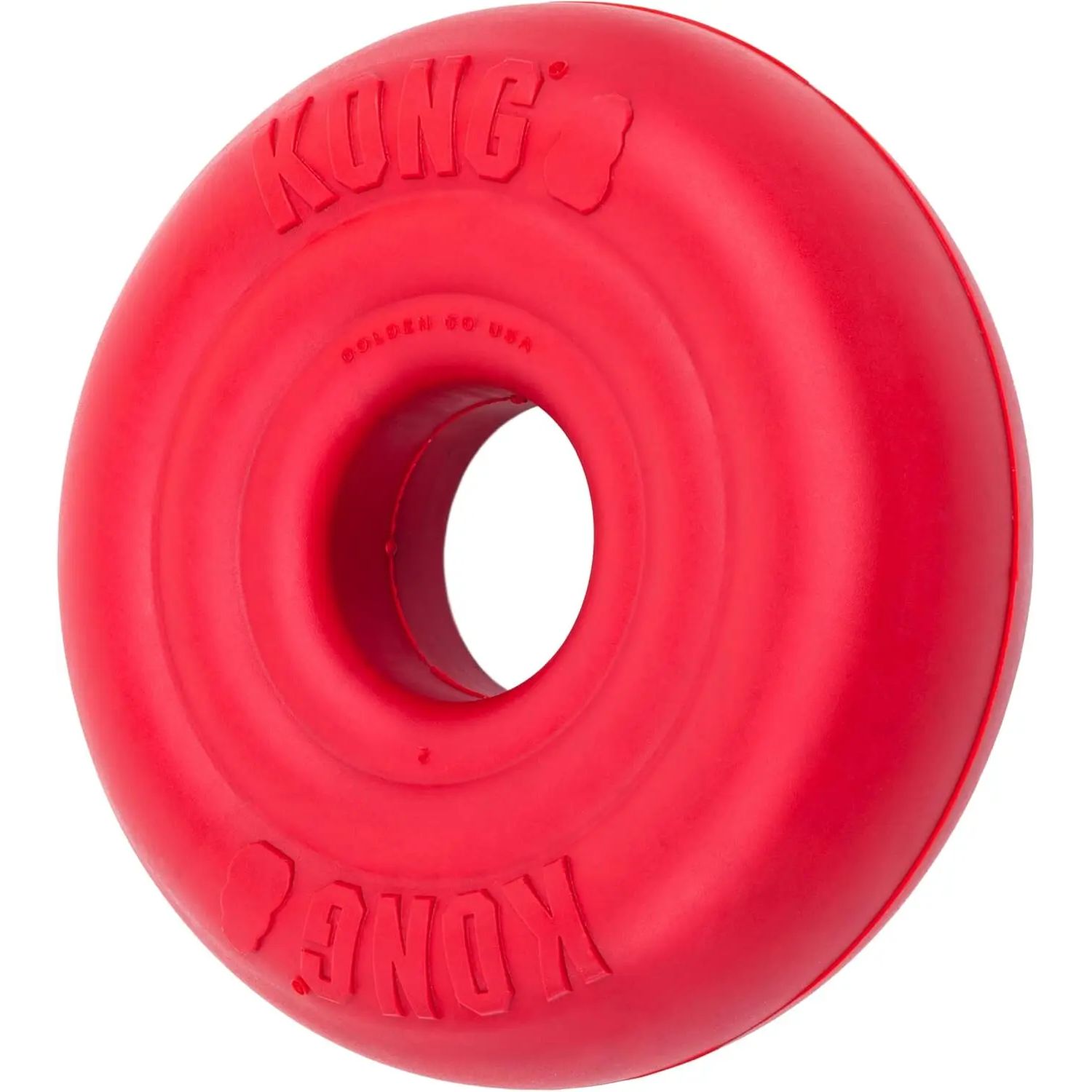 The KONG Donut Dog Toy by Kong is a durable red rubber chew and fetch toy shaped like a donut, with KONG embossed on it and a hole in the center.