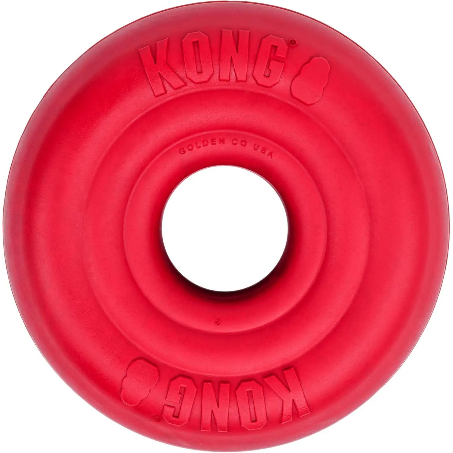 The KONG Donut Dog Toy is a red, doughnut-shaped durable rubber chew and fetch toy with the Kong brand name embossed on both sides.