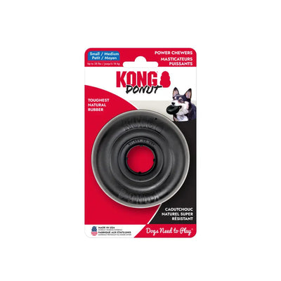 KONG Extreme Donut Dog Toy by Kong for small/medium power chewers features tough natural black rubber. Packaging shows a German Shepherd with the toy and text: “Toughest Natural Rubber” and “Dogs Need to Play.”.