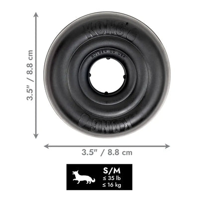 The KONG Extreme Donut Dog Toy by Kong is a black, circular toy measuring 8.8 cm (3.5 inches) in diameter, sized S/M for dogs up to 35 lb (16 kg), and features a dog icon below the sizing info.