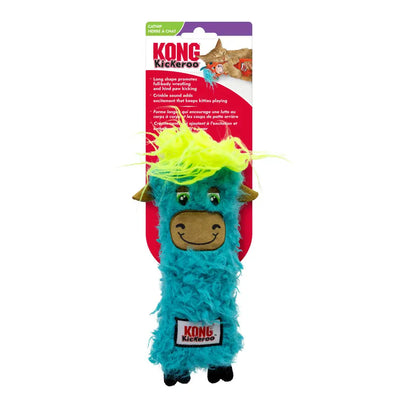 The Kong KONG Kickeroo Highland Cow Cat Toy Assorted features a plush llama-shaped toy with a smiling face, bright tuft of hair, brown ears and feet, shown in red packaging—a playful cat toy from Kong.