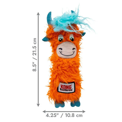 The Kong KONG Kickeroo Highland Cow Cat Toy Assorted is a plush orange and blue cat toy shaped like a smiling animal with horns, measuring 8.5 (21.5 cm) tall and 4.25 (10.8 cm) wide, filled with catnip for kitty fun.