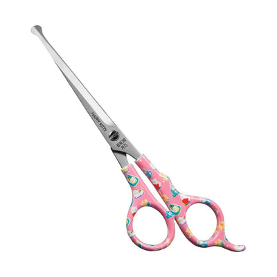 Kenchii Pets Happy Kitty Ball Tip Shears by Kenchii feature pink handles with cute cat designs, rounded safety tips, and silver high-carbon stainless steel blades, marked with Happy Kitty and Every Pet for safe, precise pet grooming.