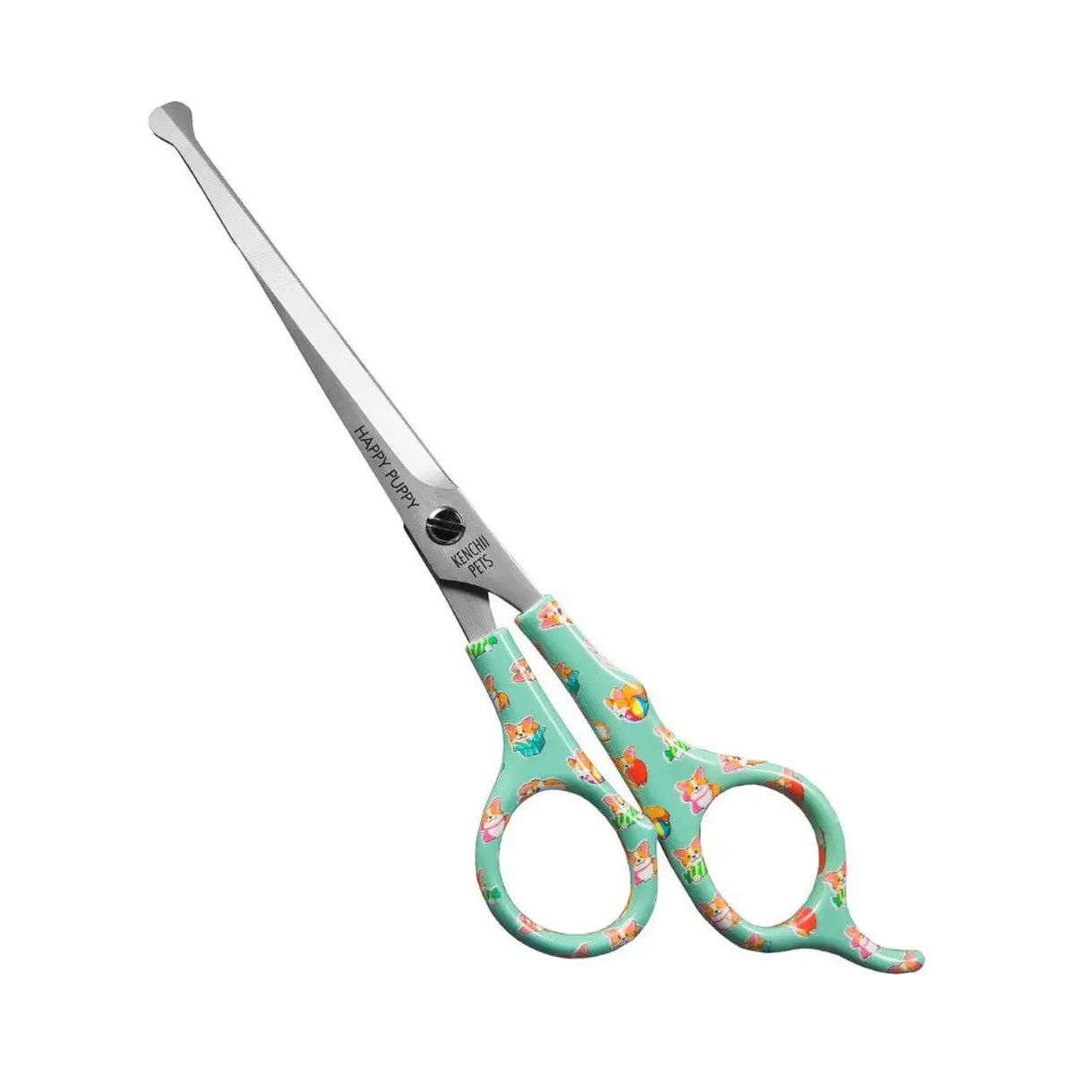 A pair of Kenchii Pets Happy Puppy Ball Tip Shears by Kenchii, featuring teal handles with a colorful floral pattern, high-carbon stainless steel blades, and heart-shaped rounded safety tips, shown on a white background.