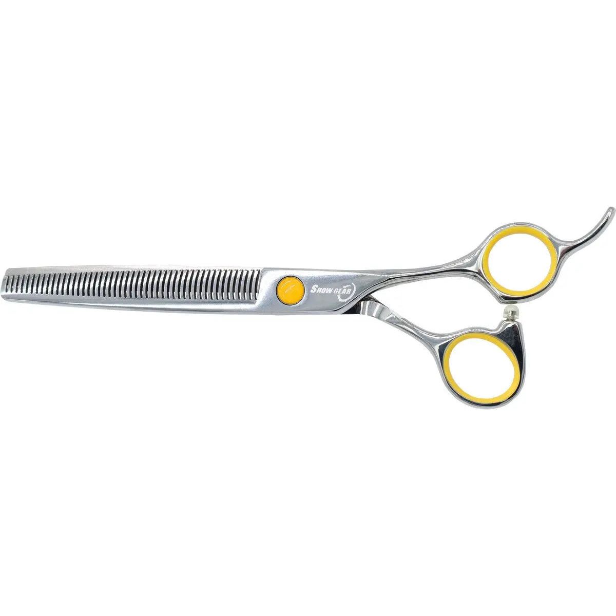 The Kenchii ShowGear Supreme 48-tooth Offset Thinner (Right-handed) features Japanese alloy stainless steel, yellow-accented finger holes and center screw—ideal silver thinning shears for pet groomers.