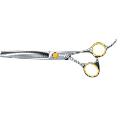 The Kenchii ShowGear Supreme 48-tooth Offset Thinner (Right-handed) features Japanese alloy stainless steel, yellow-accented finger holes and center screw—ideal silver thinning shears for pet groomers.