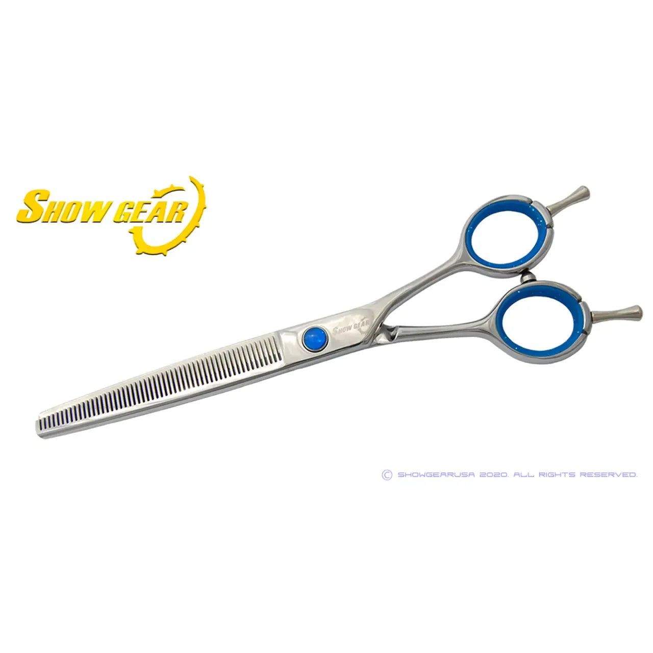 A pair of Kenchii ShowGear Supreme 54-tooth Thinner shears with blue finger rings rests on a white background, featuring the yellow Show Gear logo in the top left corner.