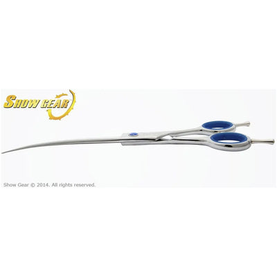 The Kenchii ShowGear Supreme 7 Curved Shear (Right-handed) by Kenchii, with blue finger grips, rests on a white background—ideal for professional pet groomers. The Show Gear logo appears in the top left corner.