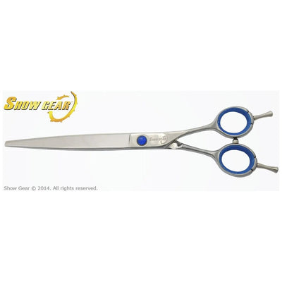 The Kenchii ShowGear Supreme 7 Straight Shear (Right-handed) with blue finger rings and a blue pivot screw, designed for professional pet groomers, is shown on a white background with the Show Gear logo in the top left corner.