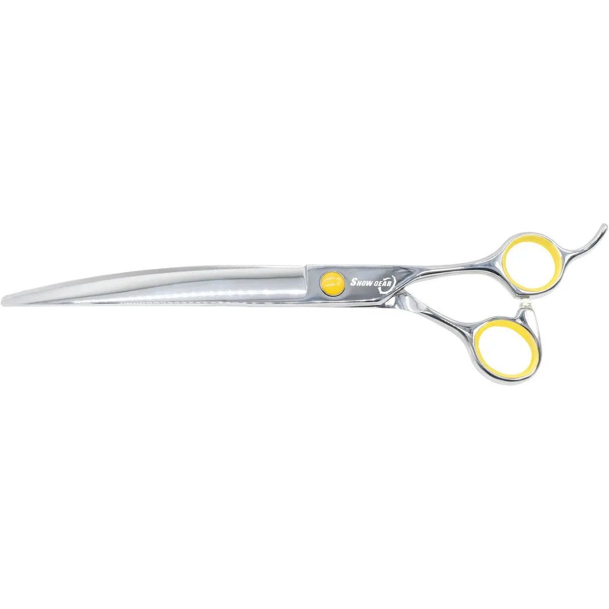 Kenchii ShowGear Supreme 8 Offset Curved Shear (Right-handed) features shiny silver curved blades, yellow finger accents, and ergonomic handles with finger rests—ideal for professional pet groomers. The Kenchii brand is clearly visible.