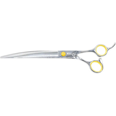Kenchii ShowGear Supreme 8 Offset Curved Shear (Right-handed) features shiny silver curved blades, yellow finger accents, and ergonomic handles with finger rests—ideal for professional pet groomers. The Kenchii brand is clearly visible.
