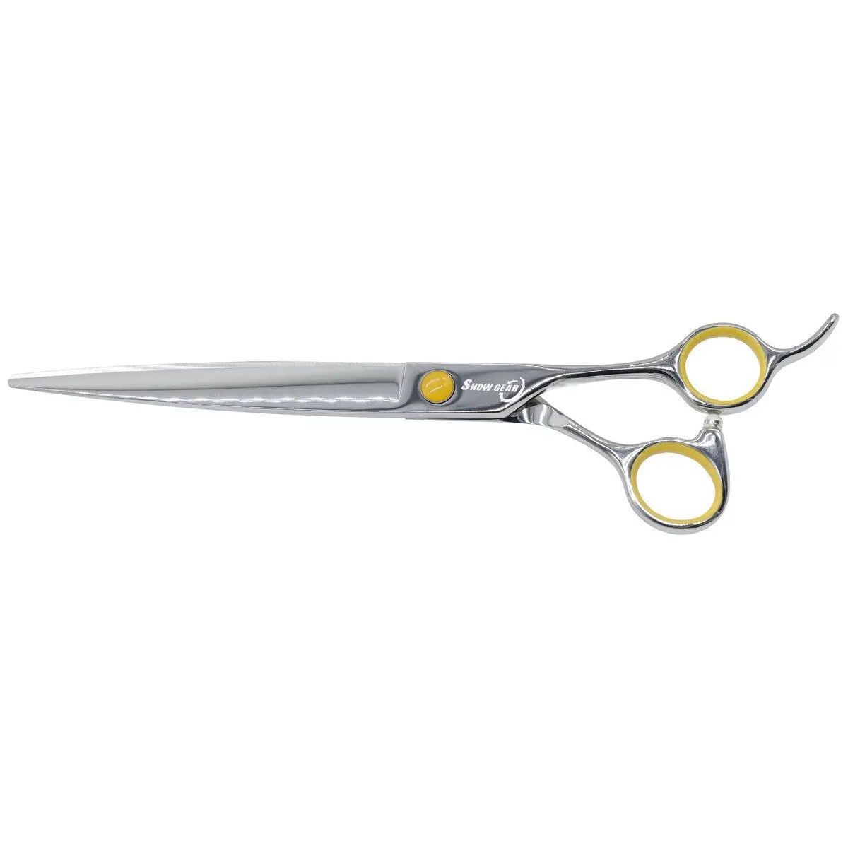 The Kenchii ShowGear Supreme 8 Offset Straight Shear (Right-handed) features silver blades and handles with yellow accents—perfect for professional pet groomers seeking precise results.