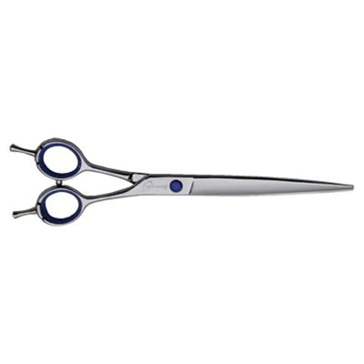 The Kenchii ShowGear Supreme 8 Straight Shear by Kenchii features blue finger inserts and is crafted from shiny Japanese alloy stainless steel, displayed against a white background.