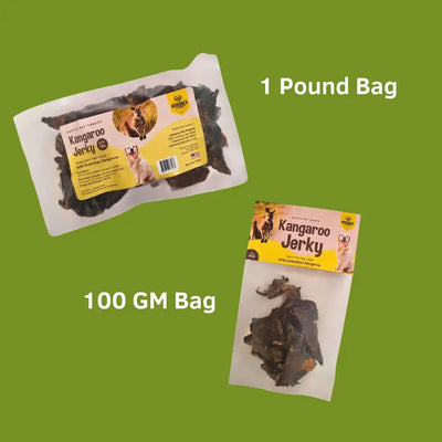 Two packs of Advance Pet Products Low-Fat Kangaroo Jerky for Dogs with Food Sensitivities—1 lb and 100 g—are displayed, both with yellow dog-labeled packaging, containing all-natural, grain-free treats.