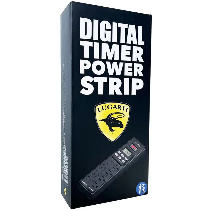 A black box labeled Lugarti Digital Timer Power Strip features the Lugarti logo with a lizard, an image of the timer power strip with buttons and sockets, plus a child safety icon—ideal for reptile habitat automation.