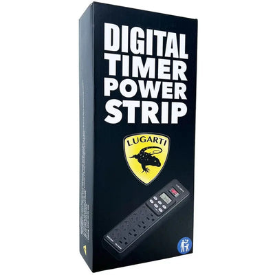 A black box labeled Lugarti Digital Timer Power Strip features the Lugarti logo with a lizard, an image of the timer power strip with buttons and sockets, plus a child safety icon—ideal for reptile habitat automation.