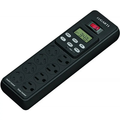 The Lugarti Digital Timer Power Strip features eight outlets, a digital timer display (showing 24:24), control buttons, and a red power switch—perfect for automating reptile habitats.