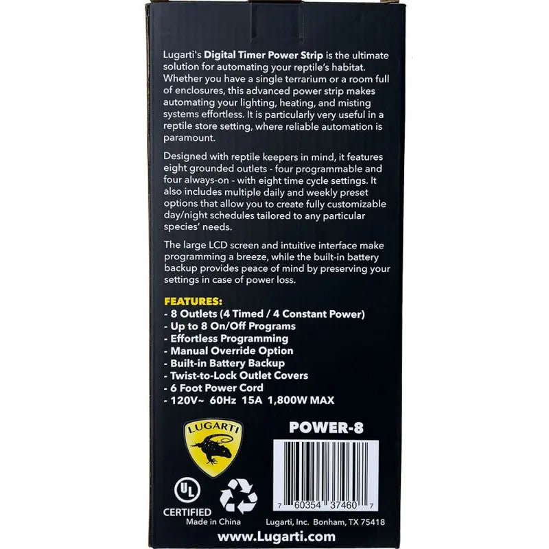 Back of a Lugarti Digital Timer Power Strip box displays features like 8 outlets, programmable timer, LCD screen, surge protection, product description, certifications, barcode, and website. By Lugarti; ideal for reptile habitat automation.