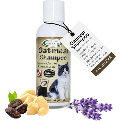 Mad About Organics Cat Oatmeal Shampoo - Gentle Care for Happy Skin 4oz features natural, organic ingredients in a pH-balanced formula, perfect for cats and small animals.
