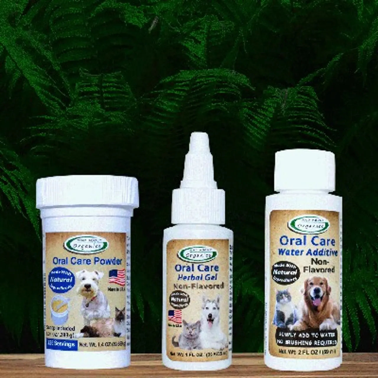 Three Mad About Organics Flavorless Dental Kit for Pets products—powder, herbal gel, and water additive—stand in a row against lush green ferns. Each bottle displays cats and dogs and promotes organic oral hygiene for pets.