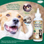 A dog shows its teeth in before and after images of dental health, next to Mad About Organics Herbal Gel for Pet Oral Care. The text highlights fresher breath, plaque removal, and the herbal benefits from Mad About Organics.