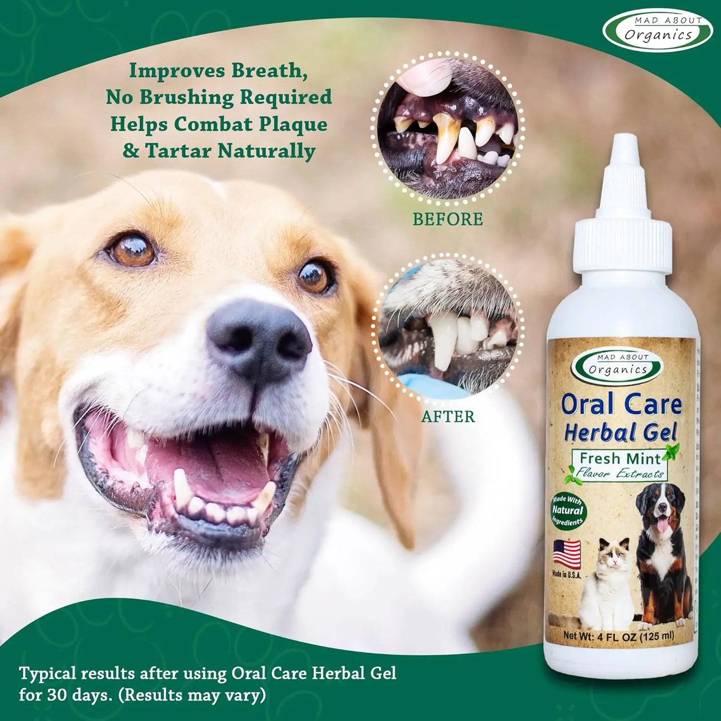 A dog shows its teeth in before and after images of dental health, next to Mad About Organics Herbal Gel for Pet Oral Care. The text highlights fresher breath, plaque removal, and the herbal benefits from Mad About Organics.