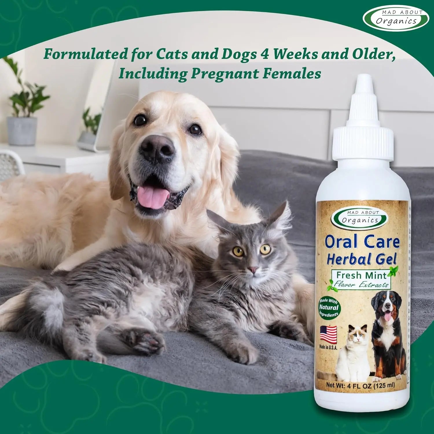 A golden retriever and two grey cats lie on a bed next to a bottle of Mad About Organics Herbal Gel for Pet Oral Care—natural pet oral care from Mad About Organics, safe for cats and dogs 4 weeks and older, including pregnant females.